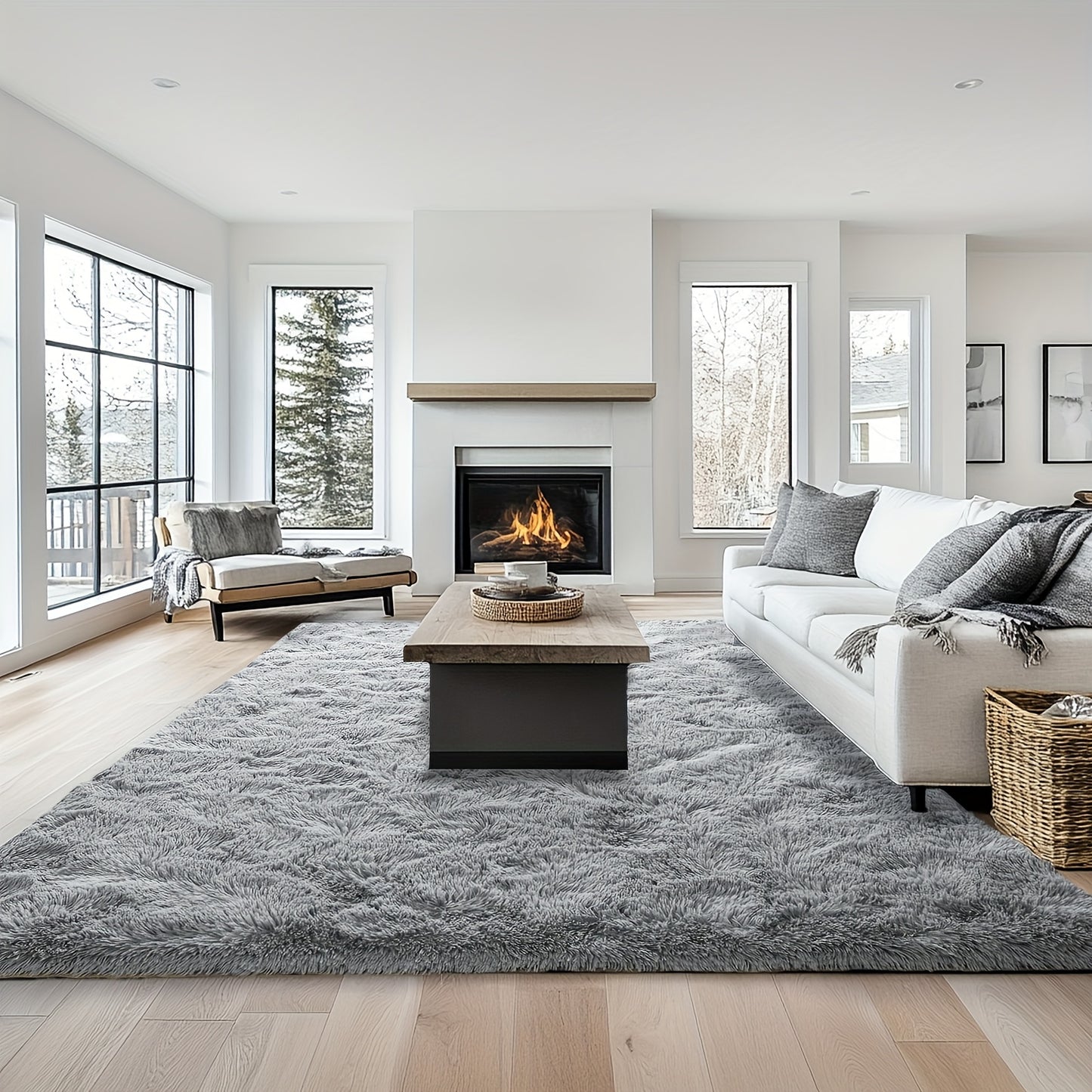 Plush Grey Shaggy Area Rug - Soft Fluffy Living Room Carpet | Rug Collection | Aroselle