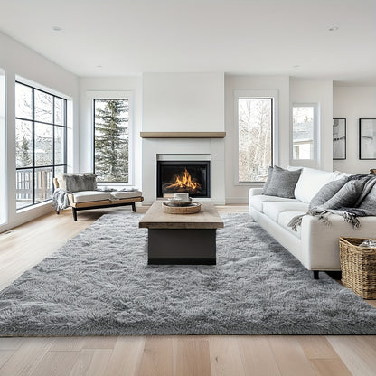 Plush Grey Shaggy Area Rug - Soft Fluffy Living Room Carpet | Rug Collection | Aroselle