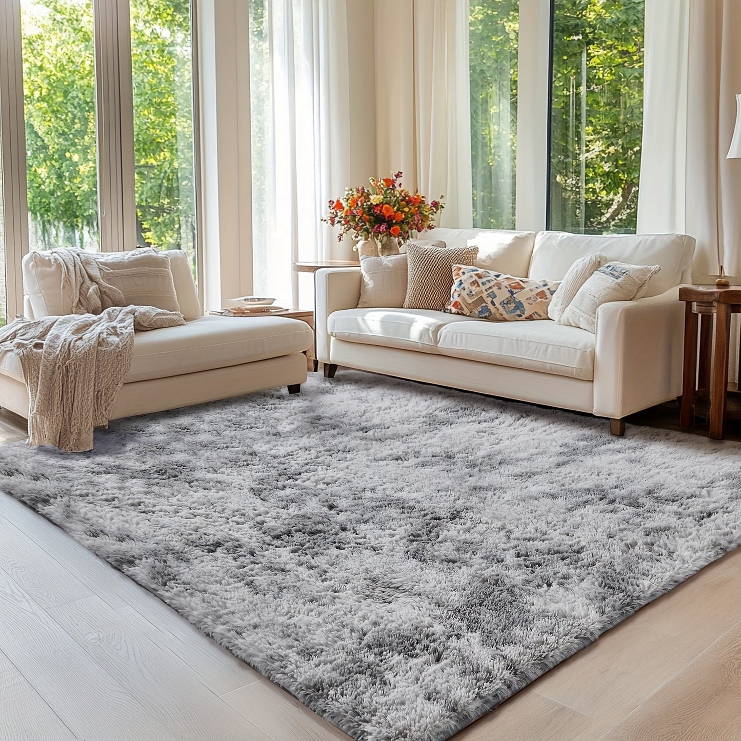 Plush Grey Shaggy Area Rug - Soft Fluffy Living Room Carpet | Rug Collection | Aroselle