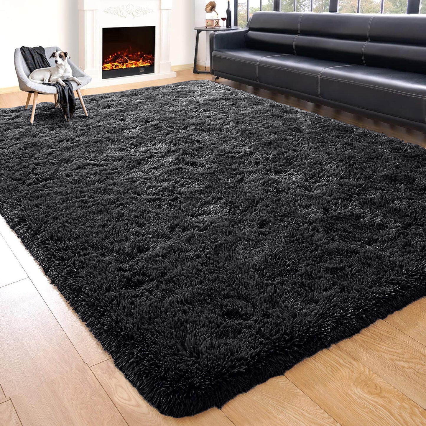 Large Black Shaggy Rug - Soft Plush Bedroom & Living Room Carpet | Rug Collection | Aroselle