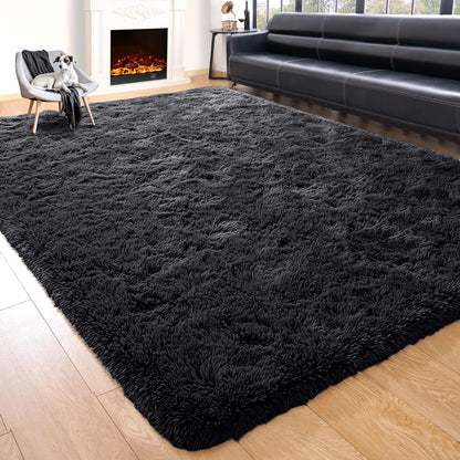 Large Black Shaggy Rug - Soft Plush Bedroom & Living Room Carpet | Rug Collection | Aroselle
