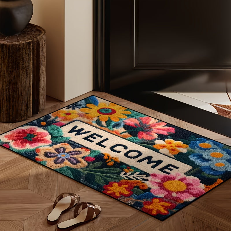 Colorful Floral Welcome Door Mat - Non Slip Mat For Indoor Entrance | Rug Collection | Aroselle