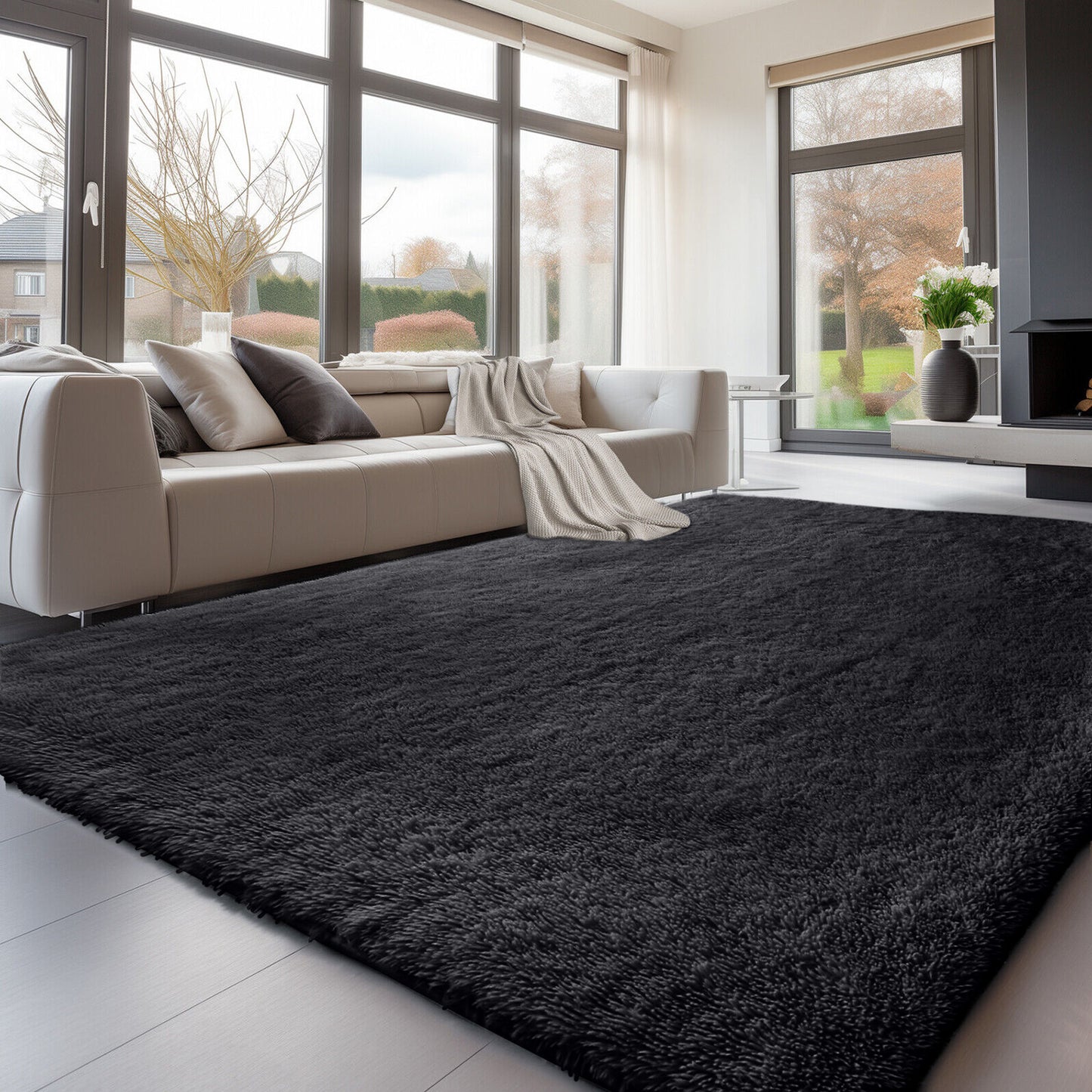 Large Black Shaggy Rug - Soft Plush Bedroom & Living Room Carpet | Rug Collection | Aroselle