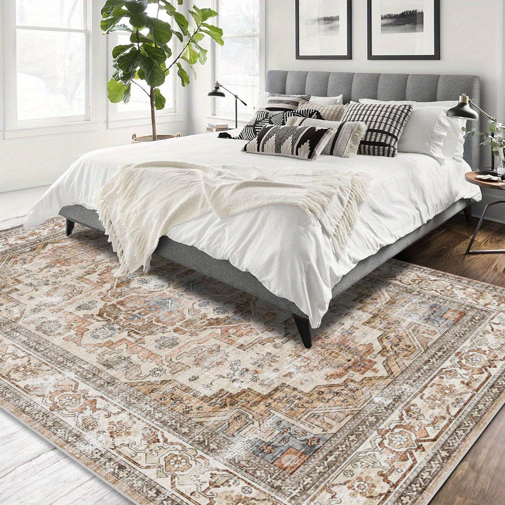 Velvet Bohemian Floral Area Rug - Soft Beige Vintage Living Room Carpet | Rug Collection | Aroselle