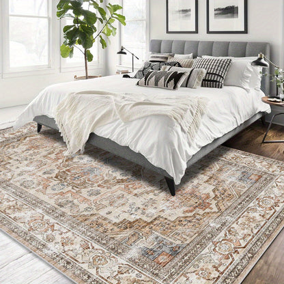 Velvet Bohemian Floral Area Rug - Soft Beige Vintage Living Room Carpet | Rug Collection | Aroselle