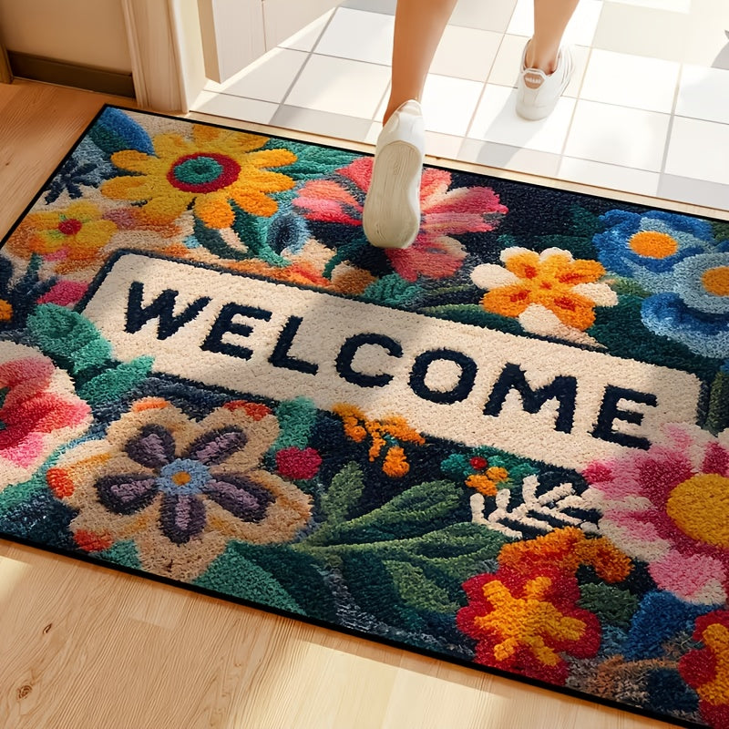 Colorful Floral Welcome Door Mat - Non Slip Mat For Indoor Entrance | Rug Collection | Aroselle