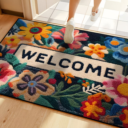 Colorful Floral Welcome Door Mat - Non Slip Mat For Indoor Entrance | Rug Collection | Aroselle
