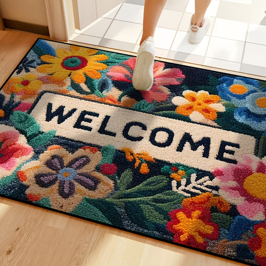 Colorful Floral Welcome Door Mat - Non Slip Mat For Indoor Entrance | Rug Collection | Aroselle