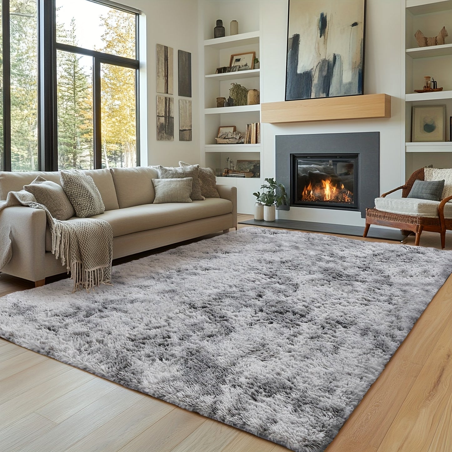 Plush Grey Shaggy Area Rug - Soft Fluffy Living Room Carpet | Rug Collection | Aroselle