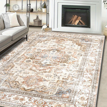 Velvet Bohemian Floral Area Rug - Soft Beige Vintage Living Room Carpet | Rug Collection | Aroselle