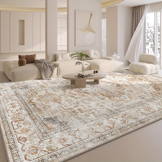 Velvet Bohemian Floral Area Rug - Soft Beige Vintage Living Room Carpet | Rug Collection | Aroselle