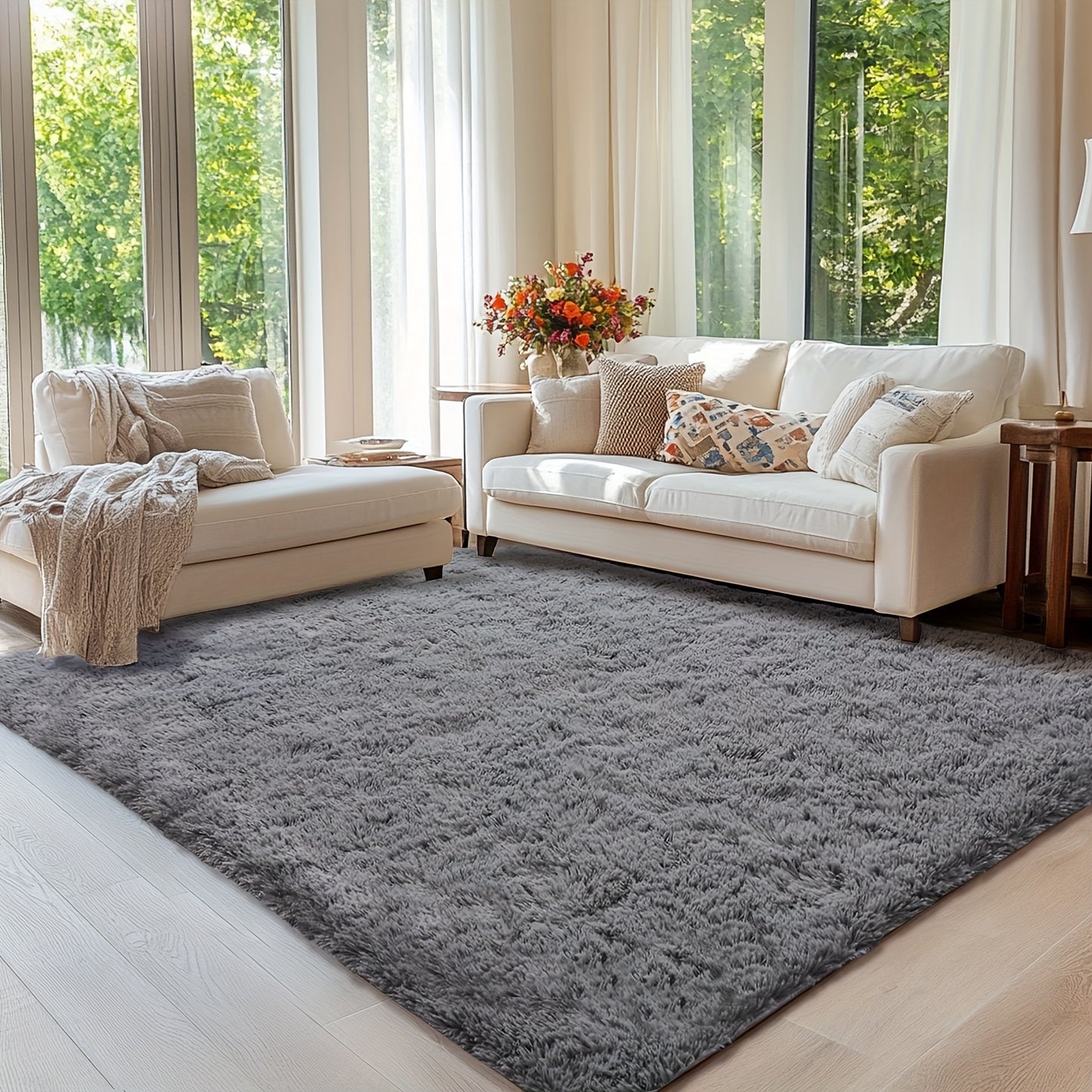 Plush Grey Shaggy Area Rug - Soft Fluffy Living Room Carpet | Rug Collection | Aroselle