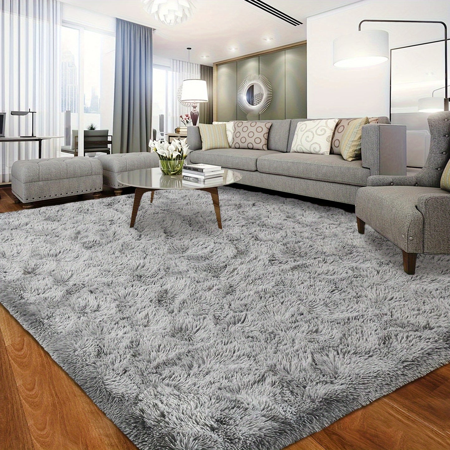Plush Grey Shaggy Area Rug - Soft Fluffy Living Room Carpet | Rug Collection | Aroselle