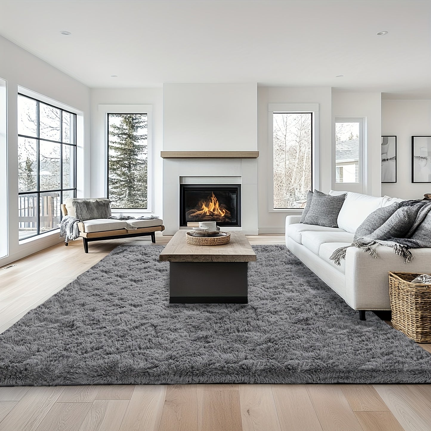 Plush Grey Shaggy Area Rug - Soft Fluffy Living Room Carpet | Rug Collection | Aroselle