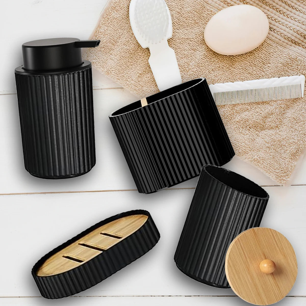 Bathroom accessories set black with bamboo lid for men 