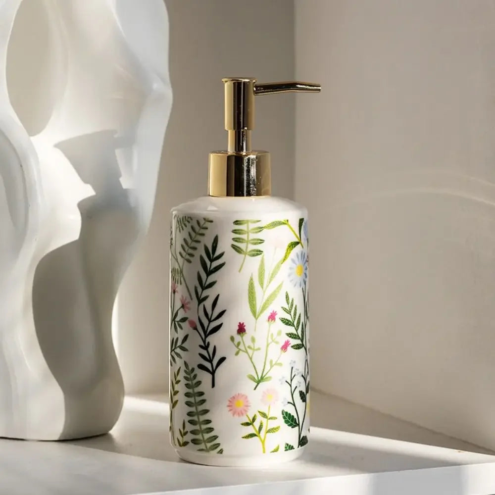 Decorative ceramic soap dispenser with floral design for bathroom decor