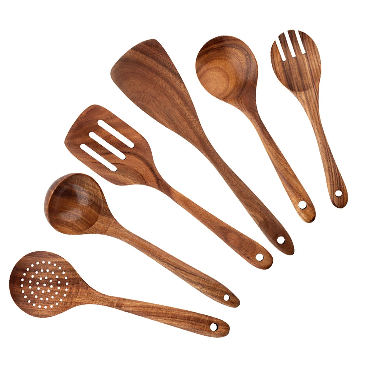 Wooden kitchen utensil set for cooking includes multiple spatula, spoon, fork, stirring utensils and salad spoons with Storage Bucket 