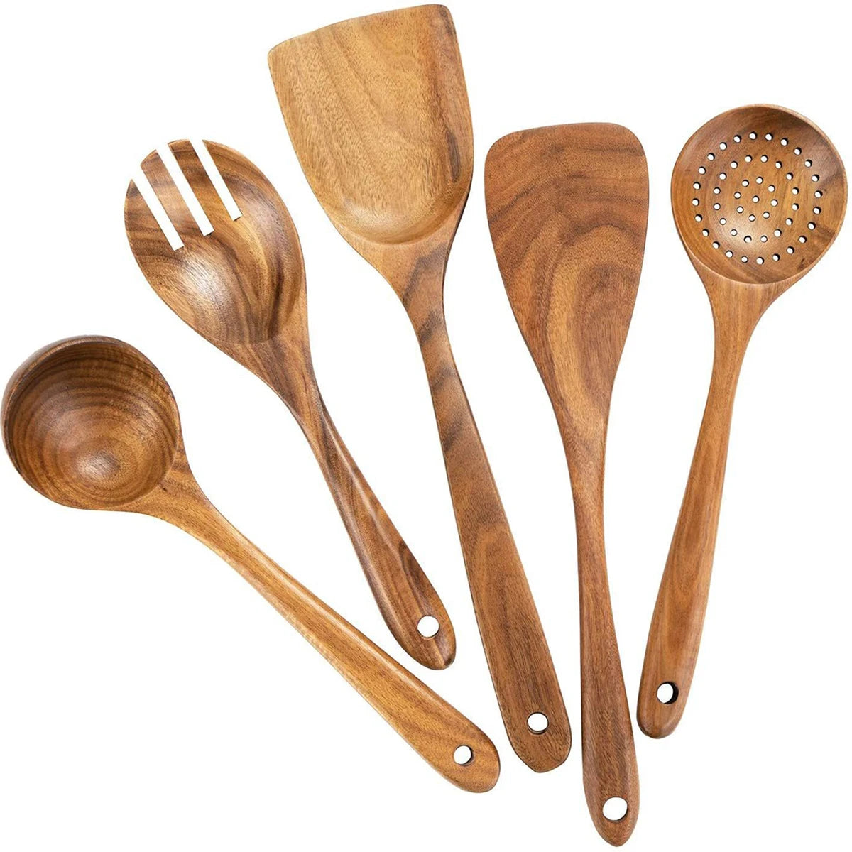 Wooden kitchen utensil set for cooking includes multiple spatula, spoon, fork, stirring utensils and salad spoons with Storage Bucket 