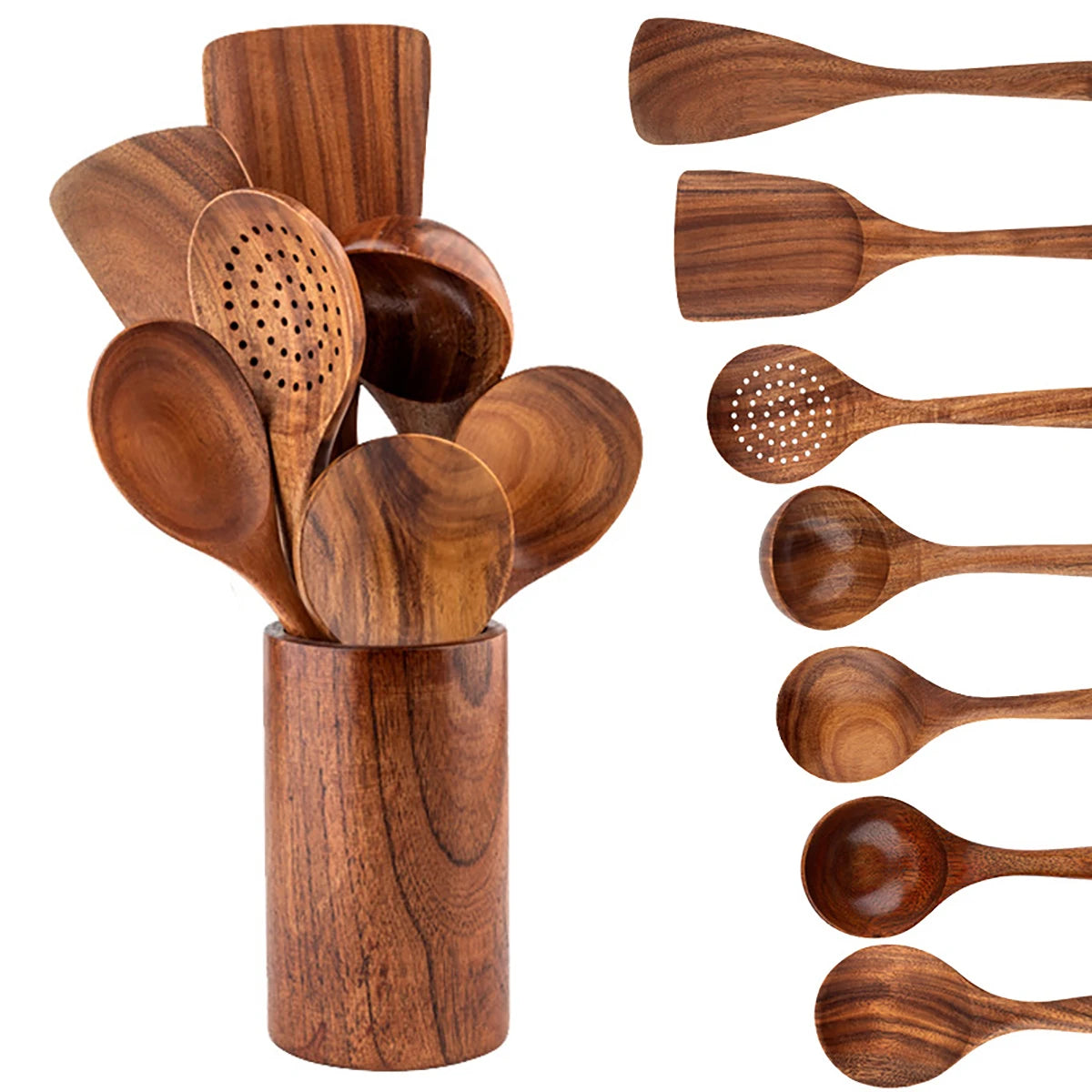 Wooden kitchen utensil set for cooking includes multiple spatula, spoon, fork, stirring utensils and salad spoons with Storage Bucket 
