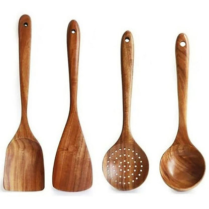 Wooden kitchen utensil set for cooking includes multiple spatula, spoon, fork, stirring utensils and salad spoons with Storage Bucket 