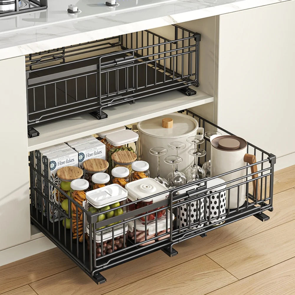Expandable Pull Out Cabinet Organizer – Adjustable Kitchen Drawer Shelves in Black/White for Efficient Storage and Easy Access 2