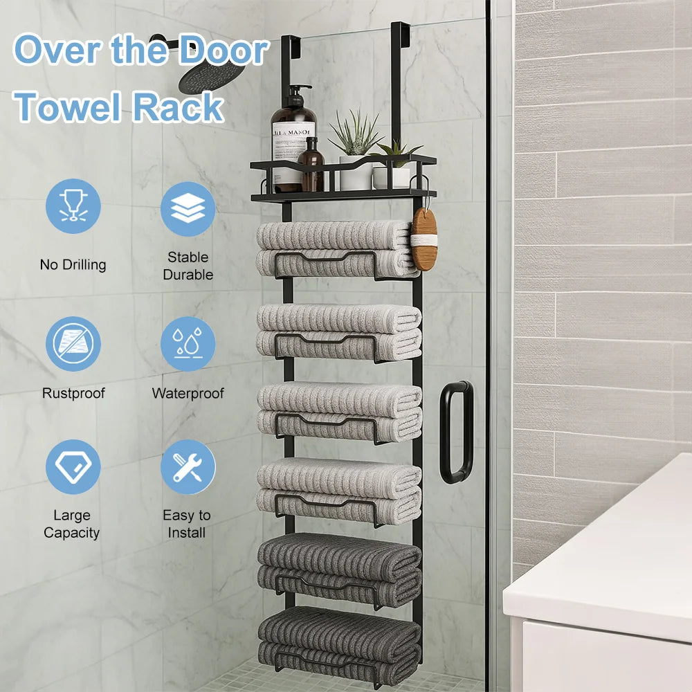 Over-Door Towel Rack with Hooks – Space-Saving Metal Organizer for Bathroom Storage, Durable and Easy to Install 0