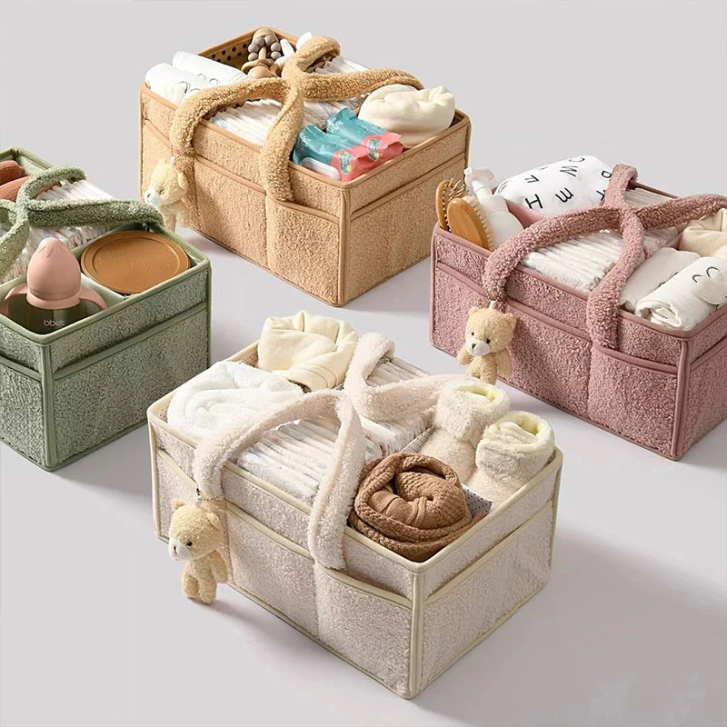 Plush Nursery Storage Basket - Baby Diaper Organiser Caddy