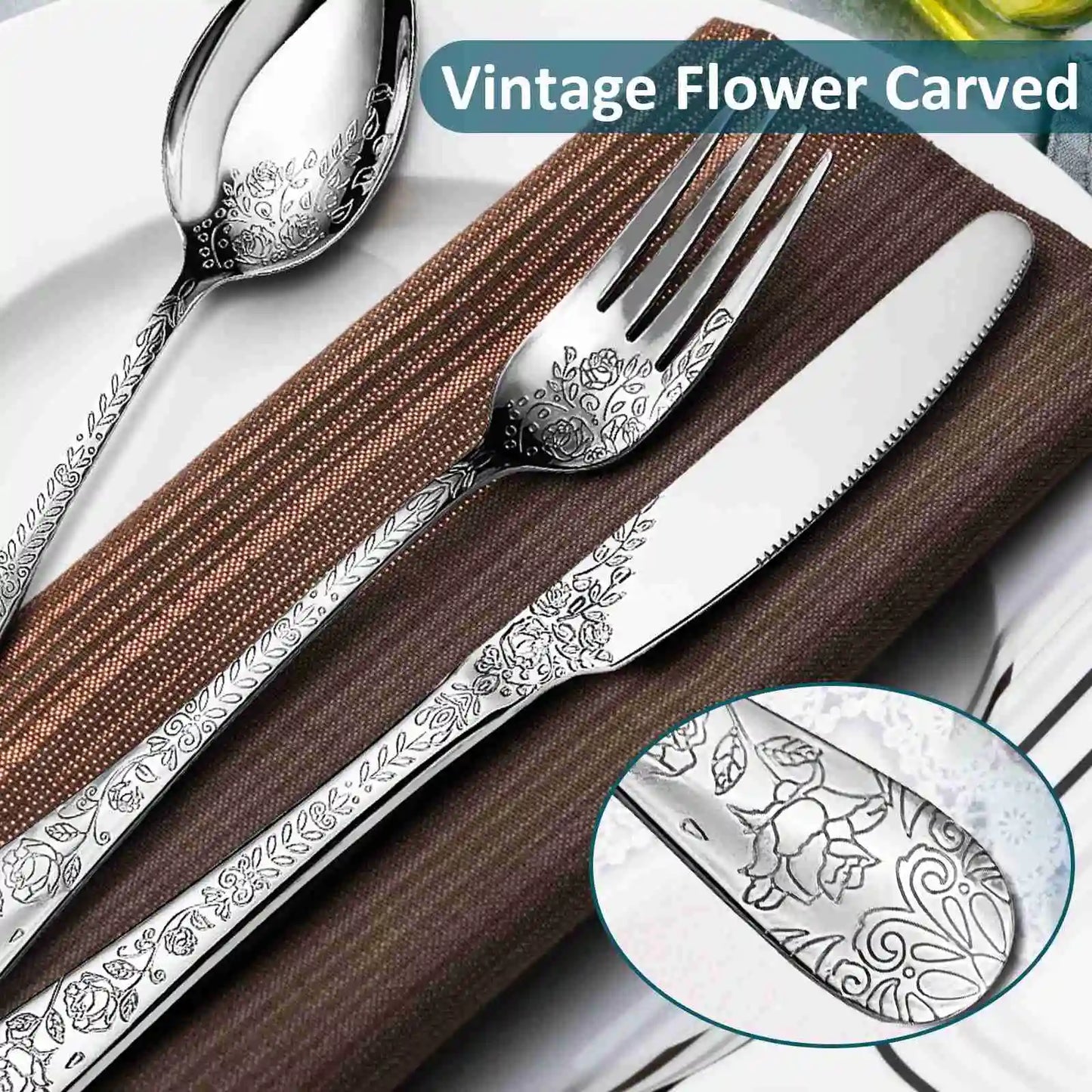 Floral Engraved Cutlery Set (20PCS) | Kitchen Collection | Aroselle