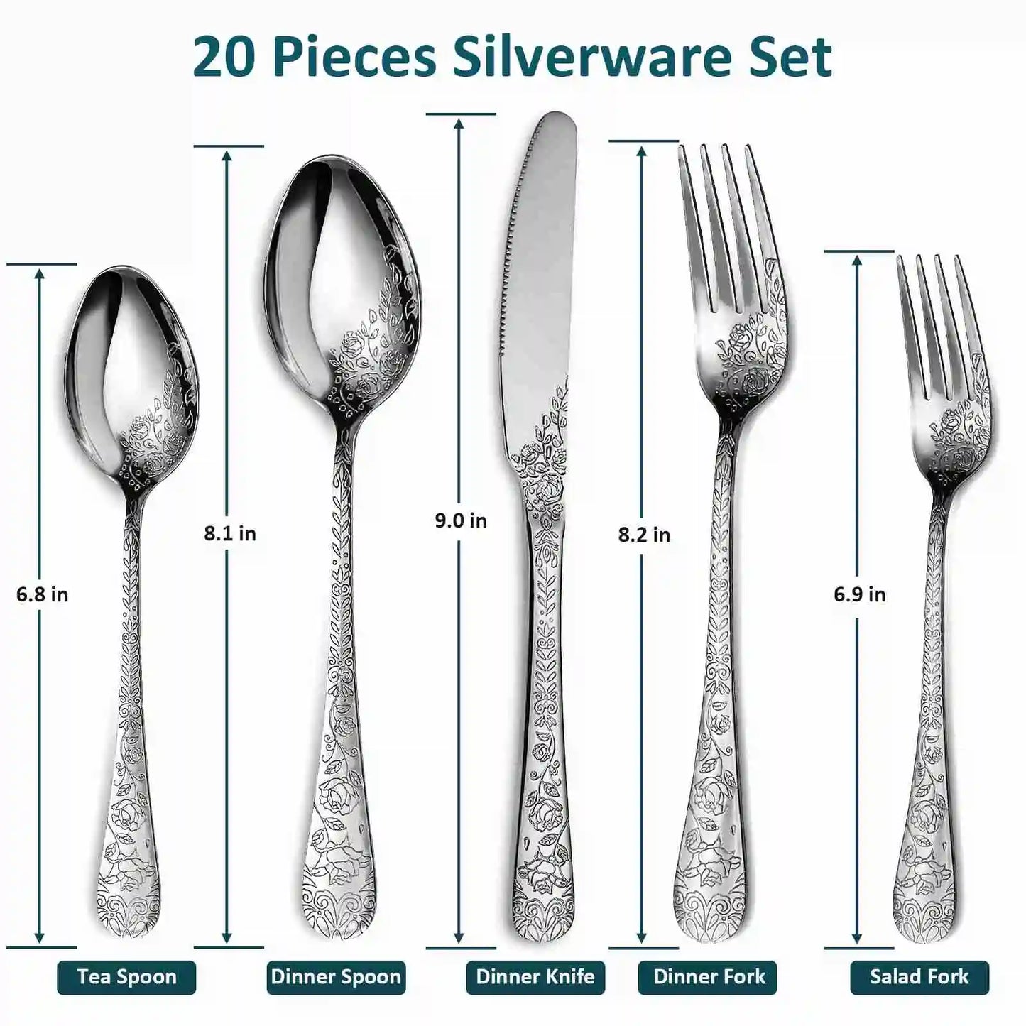 Floral Engraved Cutlery Set (20PCS) | Kitchen Collection | Aroselle