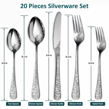 Floral Engraved Cutlery Set (20PCS) | Kitchen Collection | Aroselle