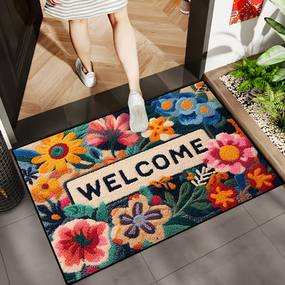 Colorful Floral Welcome Door Mat - Non Slip Mat For Indoor Entrance | Rug Collection | Aroselle
