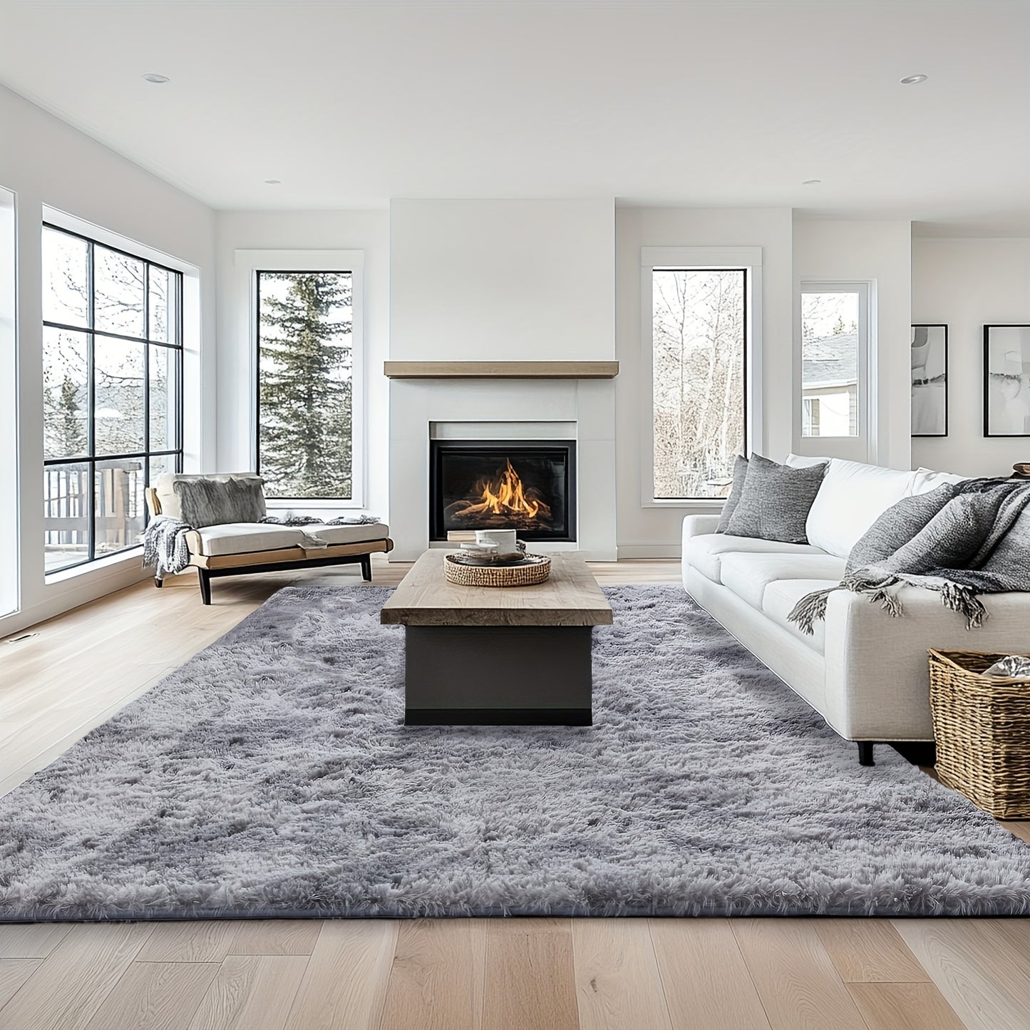Plush Grey Shaggy Area Rug - Soft Fluffy Living Room Carpet | Rug Collection | Aroselle