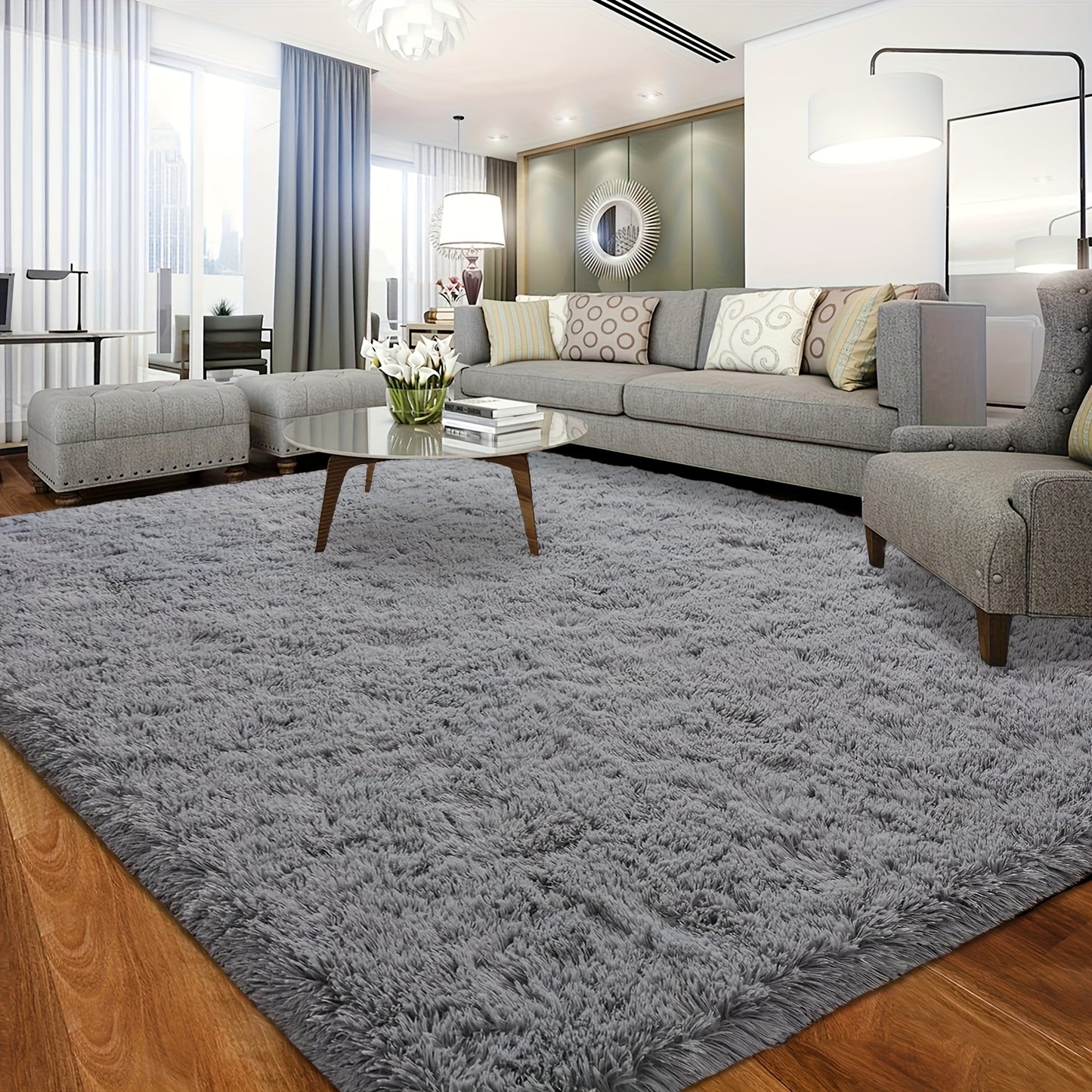 Plush Grey Shaggy Area Rug - Soft Fluffy Living Room Carpet | Rug Collection | Aroselle
