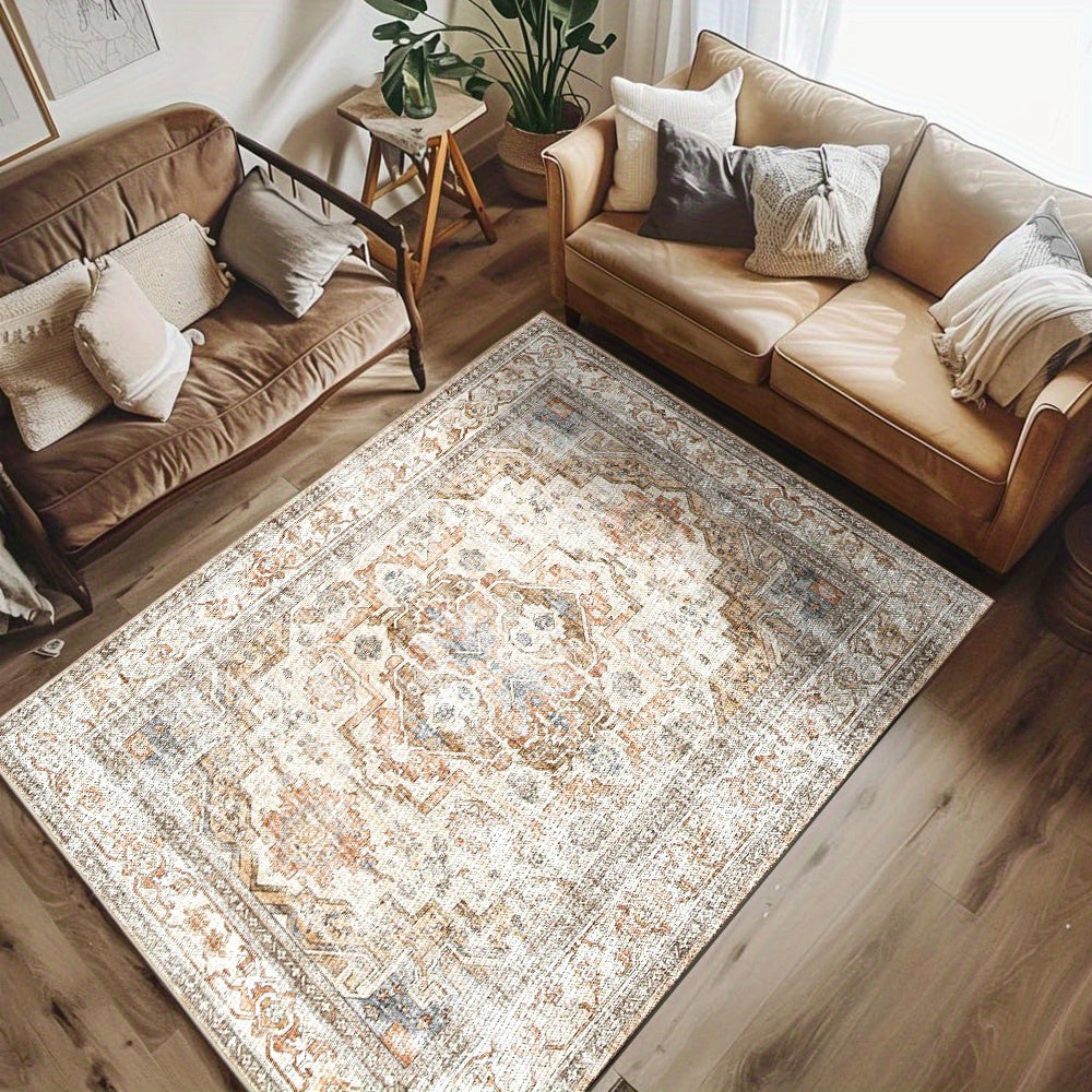 Velvet Bohemian Floral Area Rug - Soft Beige Vintage Living Room Carpet | Rug Collection | Aroselle