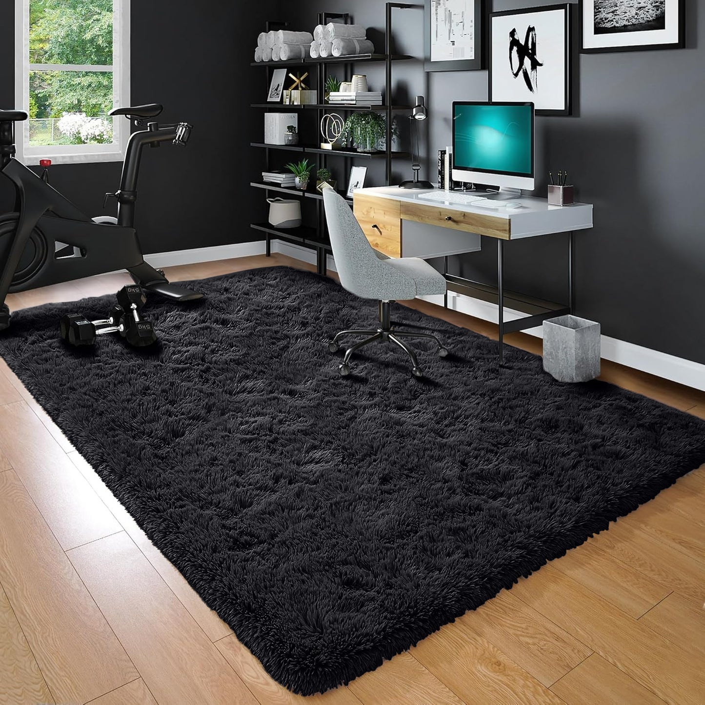 Large Black Shaggy Rug - Soft Plush Bedroom & Living Room Carpet | Rug Collection | Aroselle