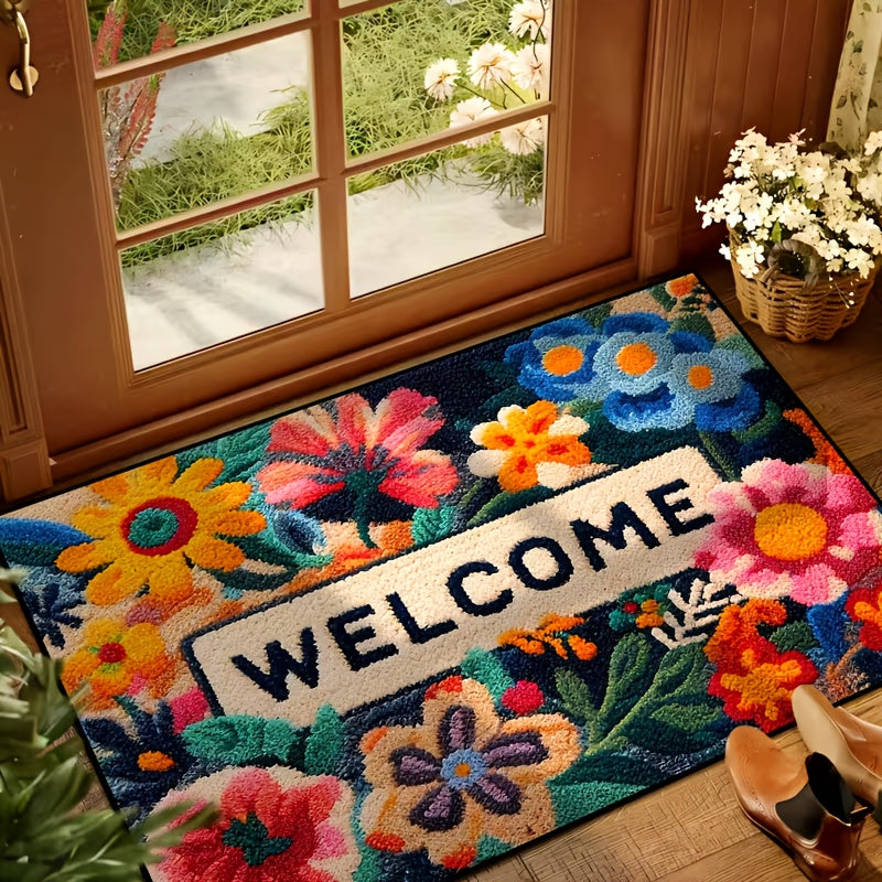 Colorful Floral Welcome Door Mat - Non Slip Mat For Indoor Entrance | Rug Collection | Aroselle