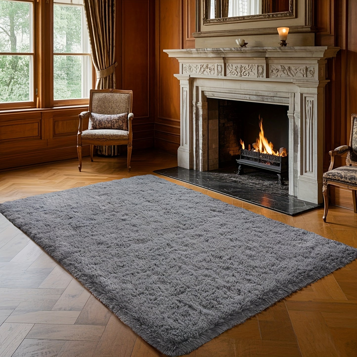 Plush Grey Shaggy Area Rug - Soft Fluffy Living Room Carpet | Rug Collection | Aroselle