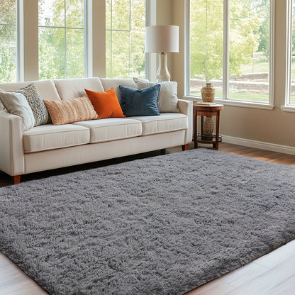 Plush Grey Shaggy Area Rug - Soft Fluffy Living Room Carpet | Rug Collection | Aroselle